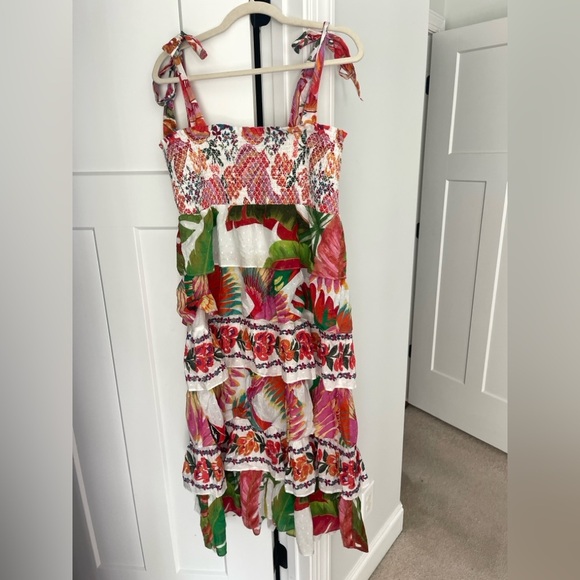 NWT Farm Rio Dress MIXED WHITE PRINTS Layered Dress Off White smocked tie strap - Picture 7 of 7